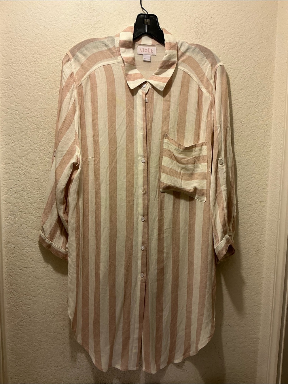Vixbe Cream and Light Brown Striped Button-Down Shirt Tunic